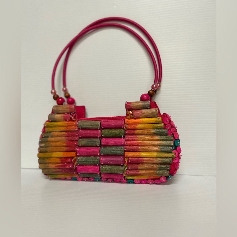 Vtg Pink Wooden Beaded Handbag Mido Collection Purse Boho
